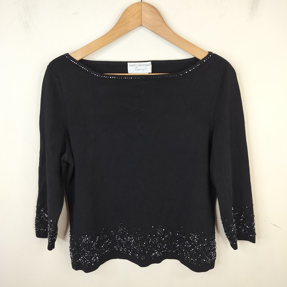 Papell Boutique Beaded Evening Top Medium Black Stretch Knit 3/4 Sleeve